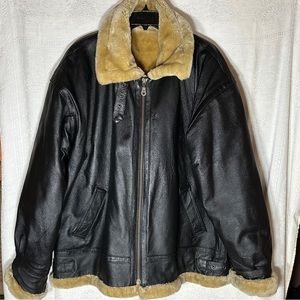 Men’s SZ XL Bomber Black Leather Aviator Fur Shearing Jacket Coat Fully Lined